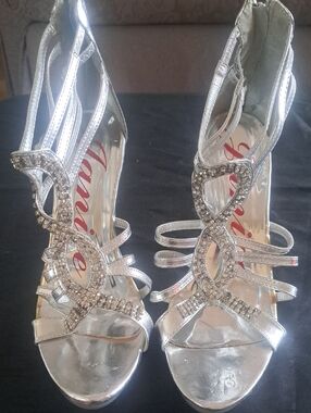 NEW-JANIS Silver Strappy High Heel Woman's shoe With  Rhinestone accents